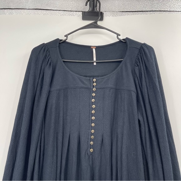 Free People Devin Black Balloon Sleeve Henley Oversized Textured Knit Top - Picture 5 of 13